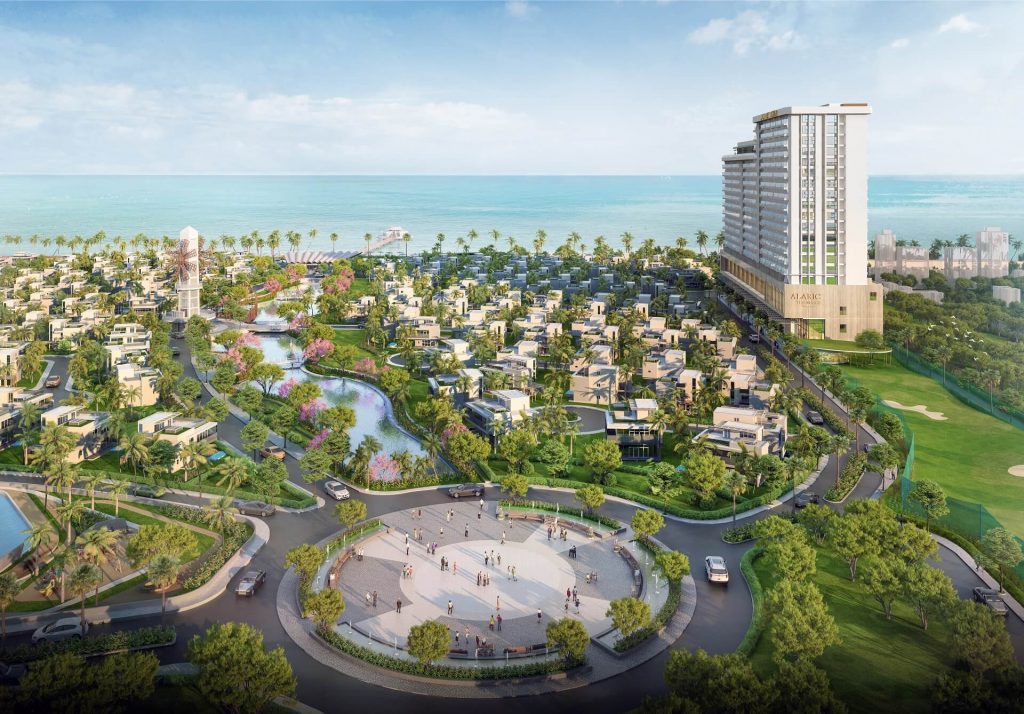 Phối cảnh tổng thể The Maris Vung Tau nhìn từ trên cao, bao gồm khu biệt thự, quảng trường trung tâm, hồ cảnh quan, và đường bờ biển